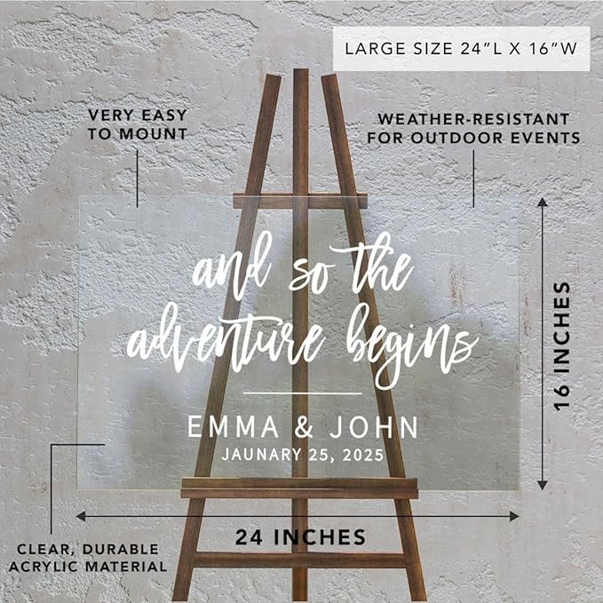 Andaz Press Custom Large Wedding Acrylic Sign, 16 x 24 Inches, The Adventure Begins, Personalized Sign, Welcome Sign For Modern Wedding Decor Welcome To Our Beginning
