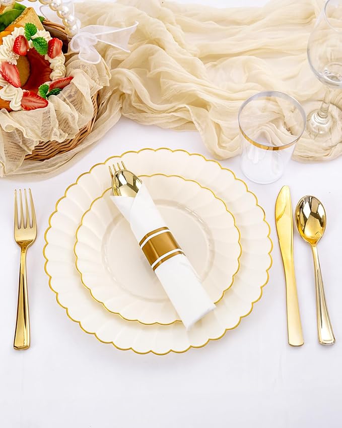 YOUBET 350PCS Ivory Scalloped Plastic Plates - Ivory and Gold Disposable Dinnerware Set Include 100 Plates, 150 Gold Silverware, 50 Cups, 50 Napkins for Wedding & Party & Thanksgiving