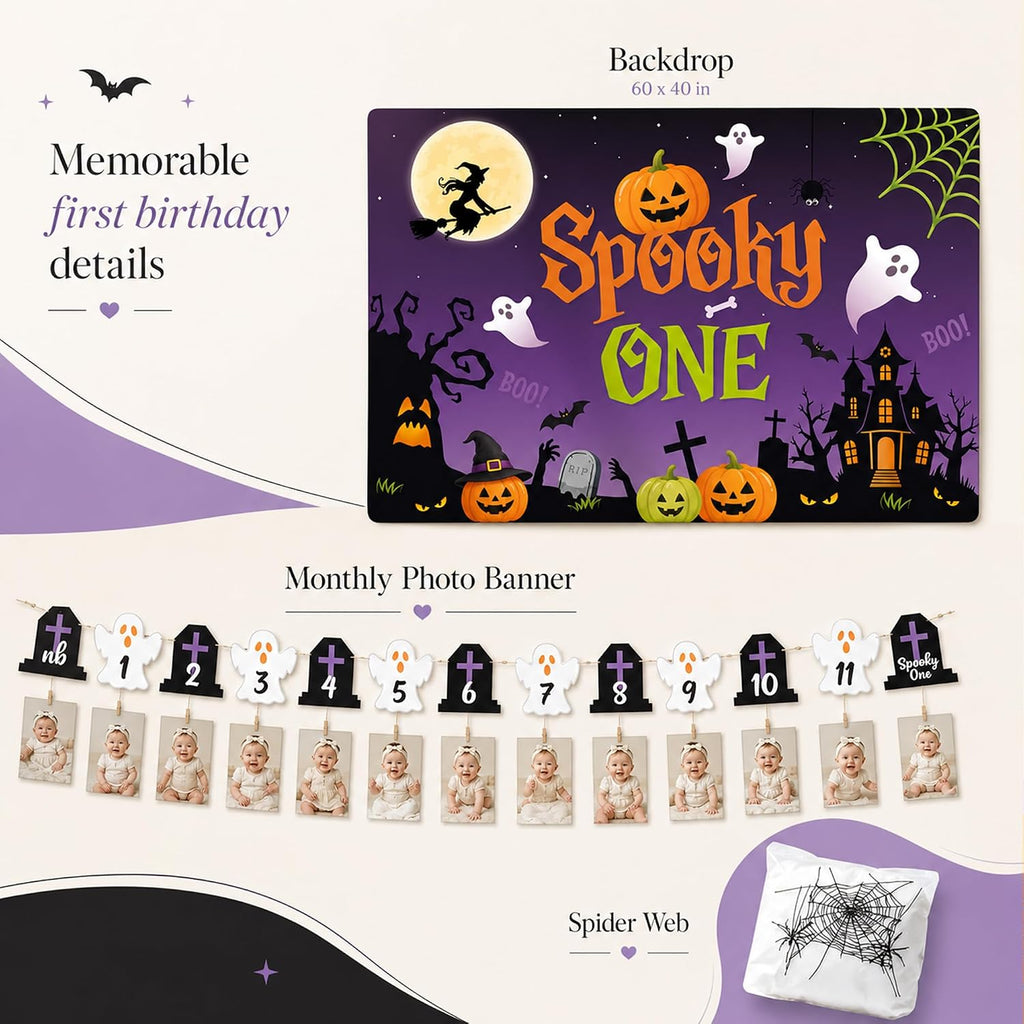 halloween 1st birthday party decorations,spooky one birthday supplies on a desk or shelf