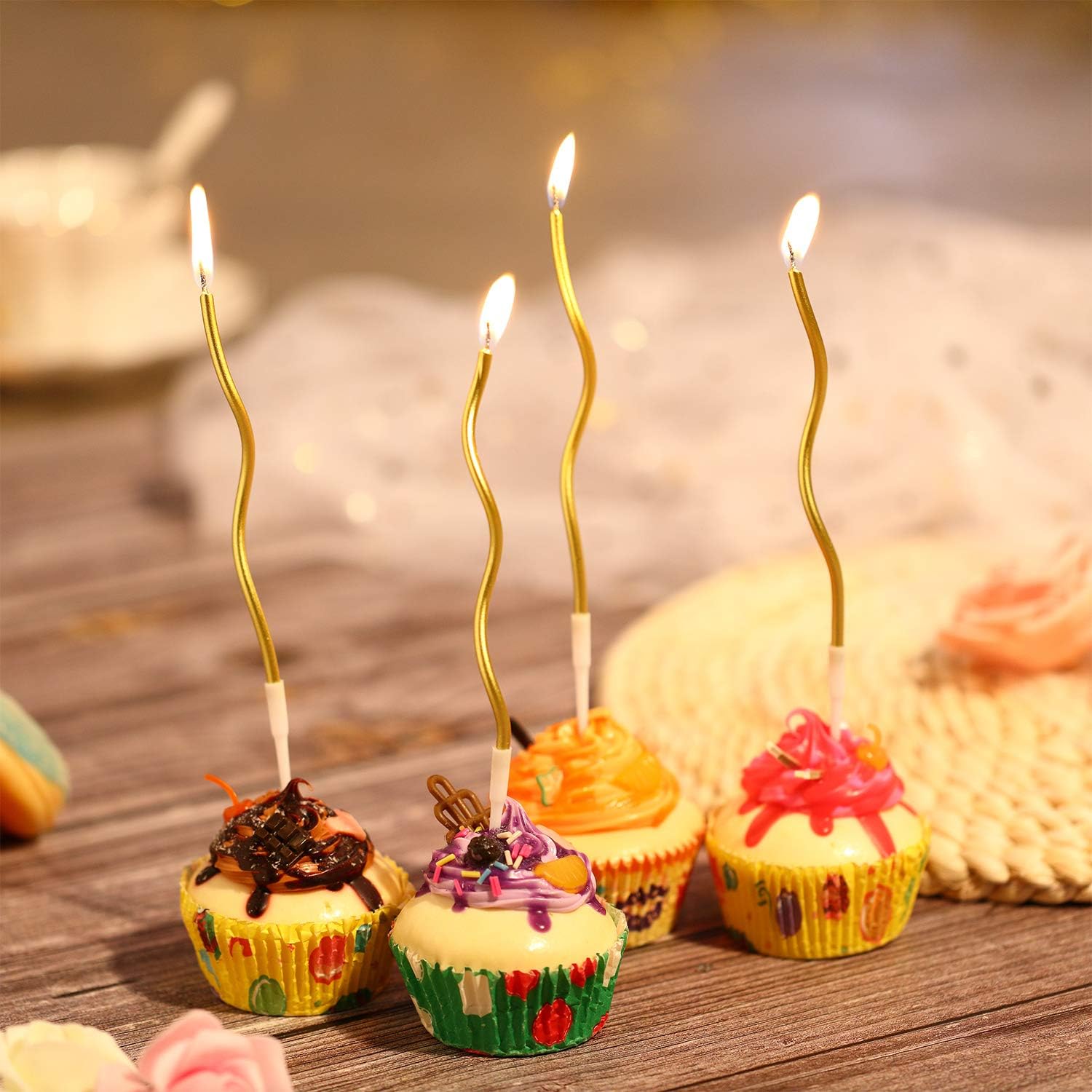 48 Pieces Twisty Birthday Spiral Cake Candles with Holders Long Thin Curly Coil Metallic Cake Cupcake Candles for Birthday Wedding Party Decoration(Metallic Gold)