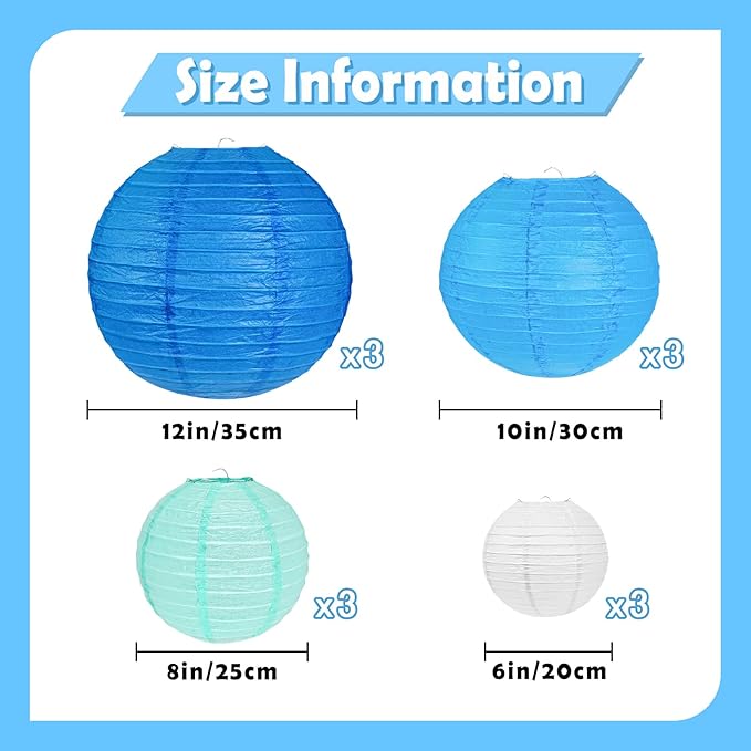 12Pcs Blue and White Paper Lanterns Assorted Sizes (6" 8" 10" 12") for Home Decor, Wedding, Birthday, Underwater Themed Party Decorations, Hanging Chinese Japanese Paper Lantern (3 Blue Colors)