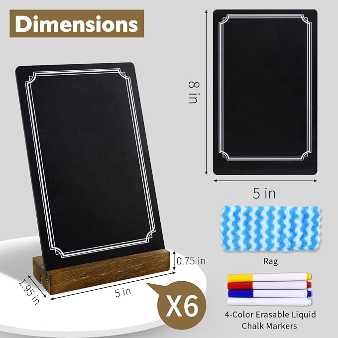 6 Pack Small Chalkboard Signs With Stand, 8x5'' Table Top With Wooden Base, Double-Sided Mini for Food Message Boards Restaurant Bar Party Store Decoration