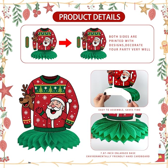 12Pcs Christmas Ugly Sweater Party Decorations Ugly Sweaters Honeycomb Centerpieces Xmas Table Topper Christmas Table Centerpieces for Merry Christmas Winter Holidays Party Supplies