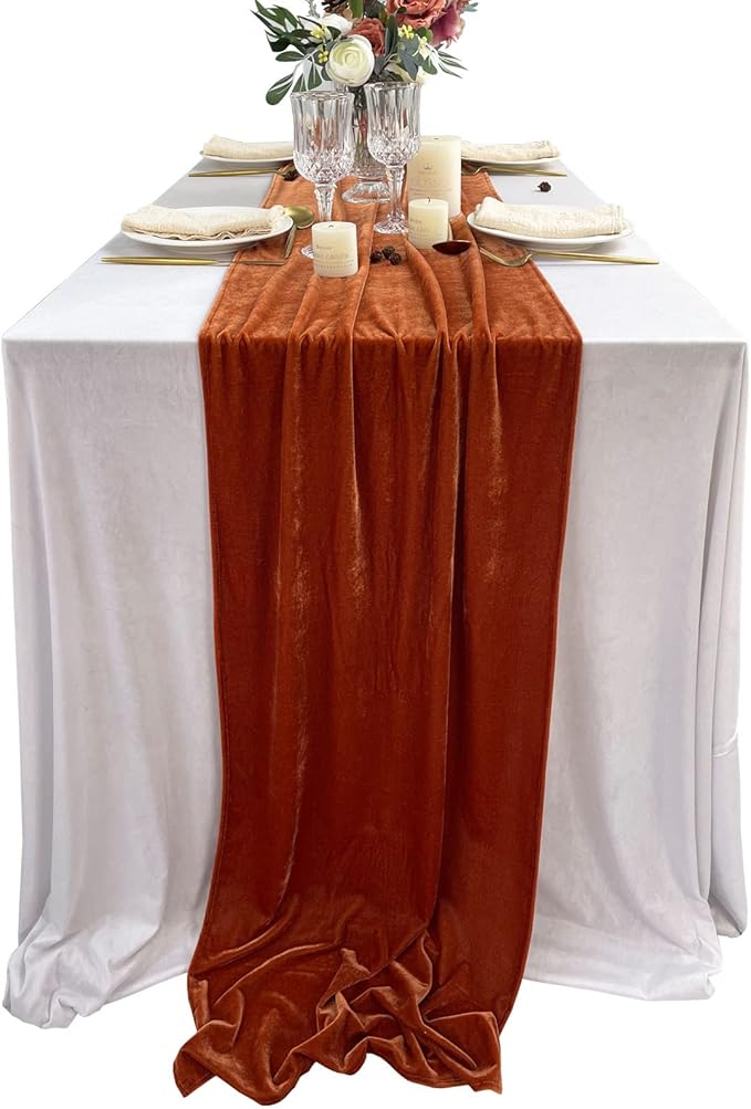 Luxurious Velvet Table Runner, 10ft Wedding Reception Decorations, 20x120inch Soft Velvet Fabric, Table Linen Overlay, Wedding Table Runners (Terracotta, 20X120inch)