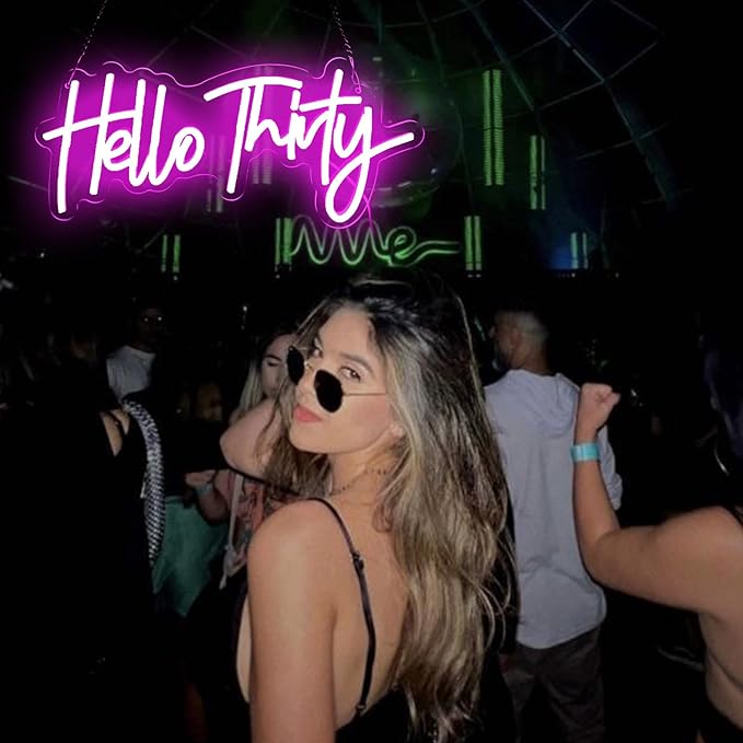 Pink Hello Thirty Neon Sign for Wall - 30th Birthday Gifts for Women Party Photo Background - Hanging Light for Wedding Anniversary Party Decor