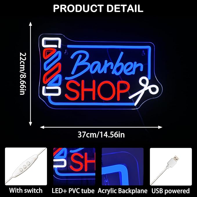 Looklight Barber Shop Neon Sign Dimmable Barber Pole Led Signs for Wall Decor Salon Station Neon Light Sign for Pole Hair Salon Accessories Business Store Supplies Usb Powered 14.56"X8.66"