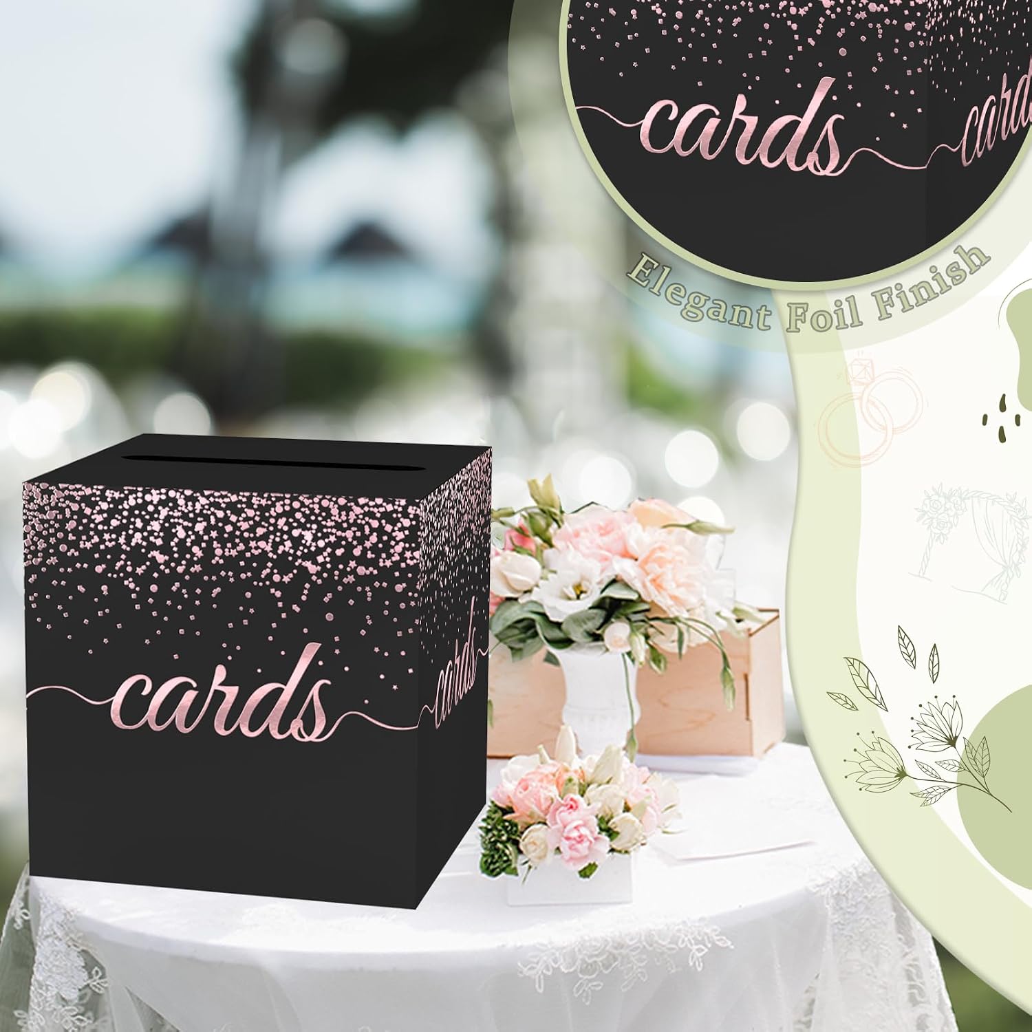 WNINK Black Rose Gold Cards Box for Birthday, Wedding, Bridal or Baby Shower, Graduation, Anniversaries, Engagement Party Decorations Supplies Money and Cards Receiving Box
