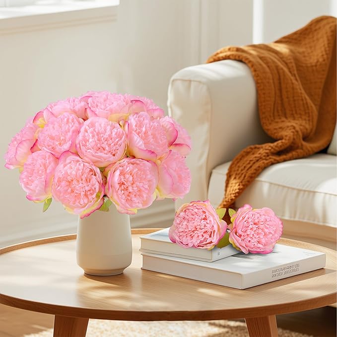 U'Artlines 2 Bouquet 10 Heads Artificial Peony Silk Flower Leaf Home Office Wedding Party Festival Bar Decor (Pink)