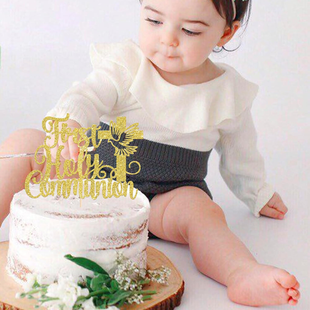 1 Pack First Holy Communion Cake Topper Glitter Cross Religious Cake Picks God Bless for Baby Shower Religious Theme Kids Frist Birthday Party Cupcake Decoration Supplies Gold