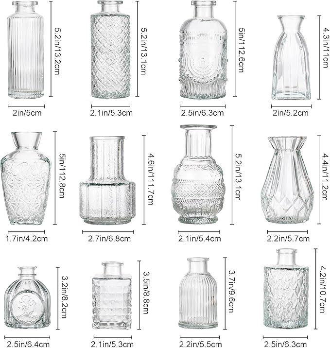 12 Pcs Small Glass Bud Vase Set of，Mini Vintage Vases in Bulk, Clear Bud Vases for Centerpieces， Rustic Wedding Decorations，Home Table Flower Décor.