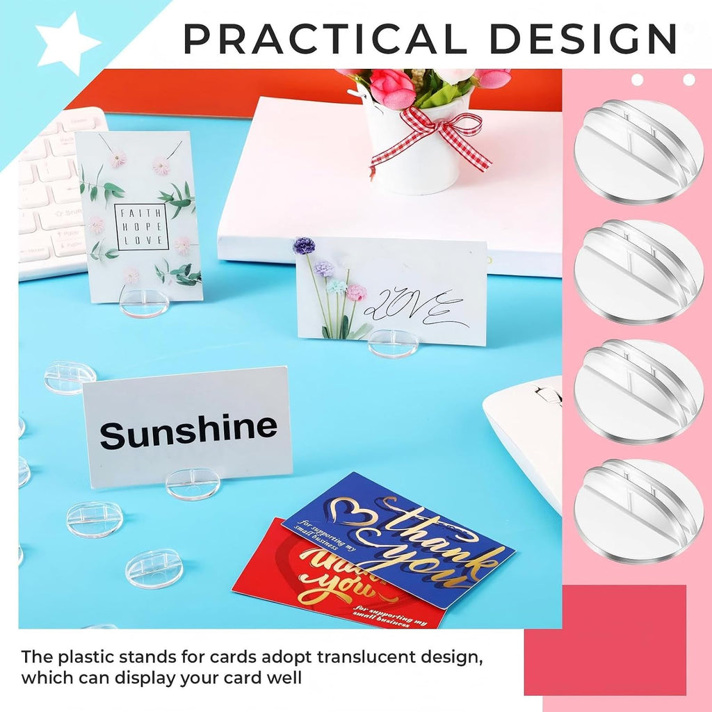 Yinkin 50 Pcs Clear Mini Card Stands Plastic Place Card Holders Paper Miniature Bases Paper Board Clips for Game Table Numbers Business Price Tags Menus Labels Party, 1 Inch in Diameter