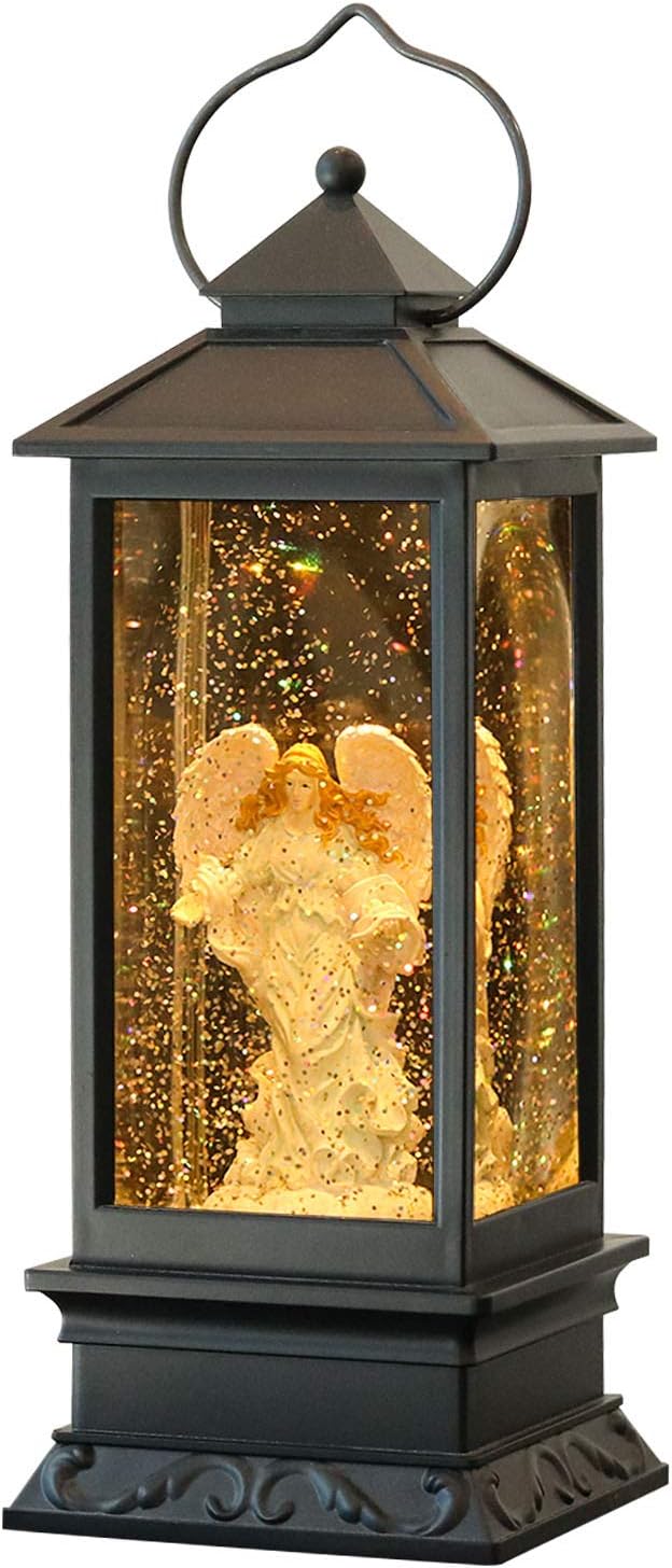 Wondise Lighted Angel Christmas Snow Globes Musical Lantern with Timer, USB Powered & Battery Operated Swirling Glitter Water Lantern (4 x 4 x 12 inch)