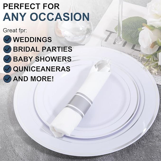 50Guests Pre Rolled Silver Plastic Silverware Sets - Heavy Duty Silver Cutlery - Include 50 Pack Wrapped Disposable Utensils with Napkins for Parties & Dinners & Weddings