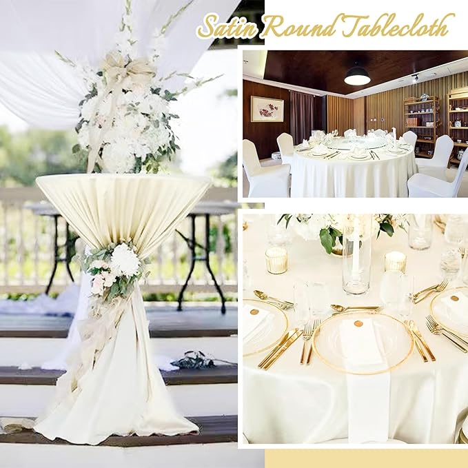 fani 12 Pack 120 Inch Ivory Satin Tablecloth - Premium Bright Silky Round Tablecloth Overlay Smooth Fabric Table Cover, Table Decoration for Wedding Party Banquet Events Restaurant Kitchen Dining
