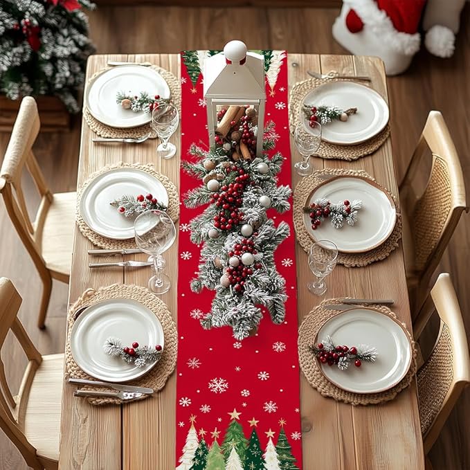 GEEORY Christmas Table Runner 13x36 Inch, Xmas Trees Snowflakes Holiday Decorative Farmhouse Table Decoration for Kitchen Dinning, Indoor Outdoor Dinner Party Decor (Red) GT150-36
