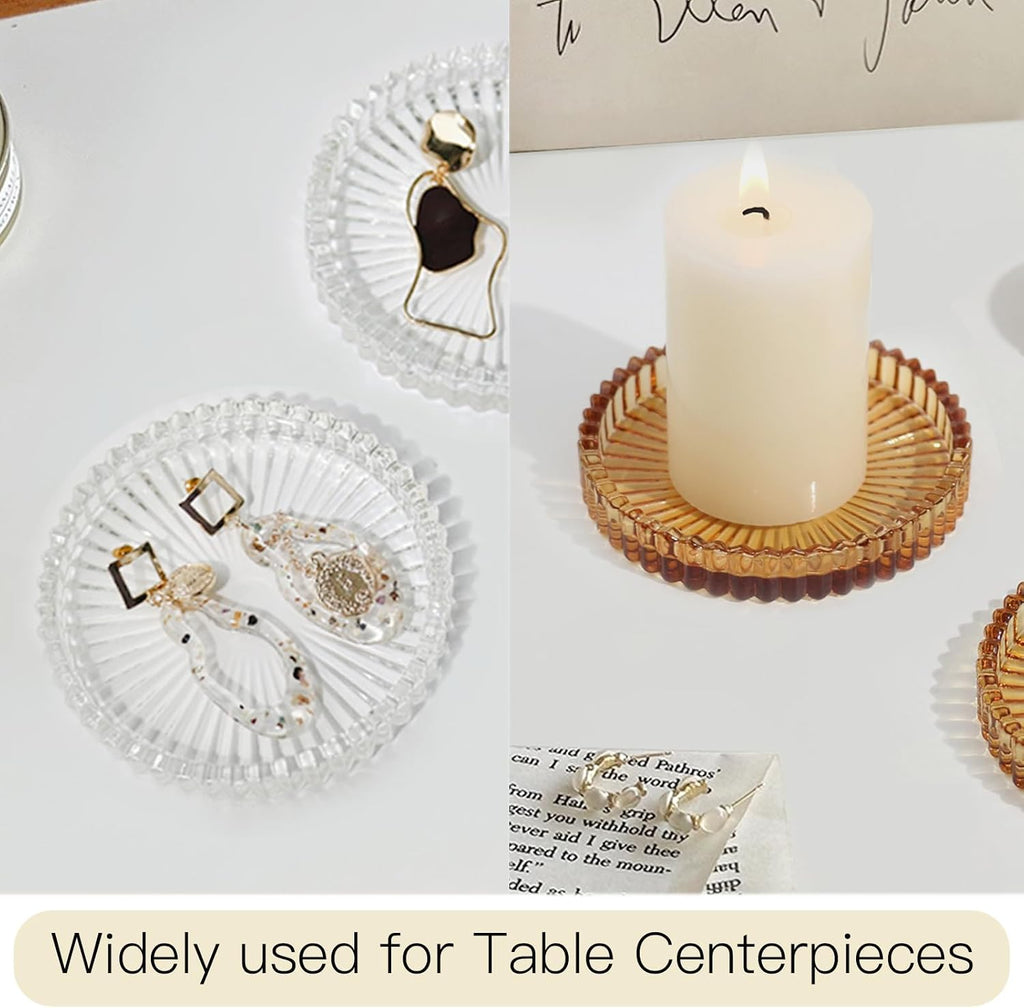 Glass Pillar Candle Holder, 4" Amber Candle Plates Set of 3, Glass Candle Holders for Wedding, Party, Holiday, Home Decor, Table Centerpiece