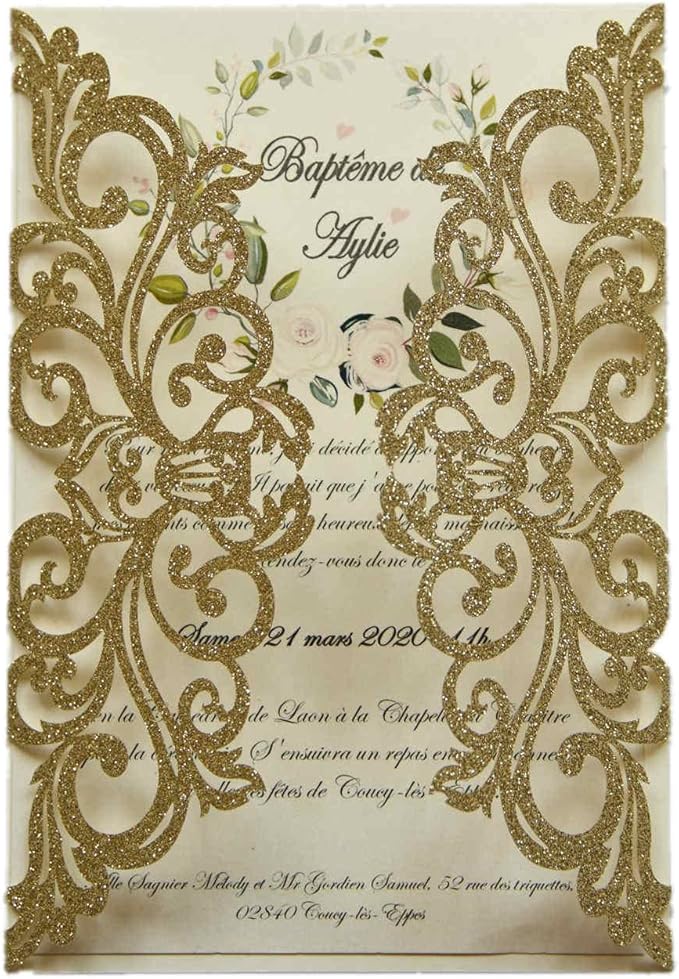 25PCS Champagne Gold Glitter Laser Cut Wedding Invitations Cards with Envelopes,Blank Inner Sheets,Ribbons for Wedding Bridal Shower Quinceañera Engagement Birthday Invites, champagne glitter