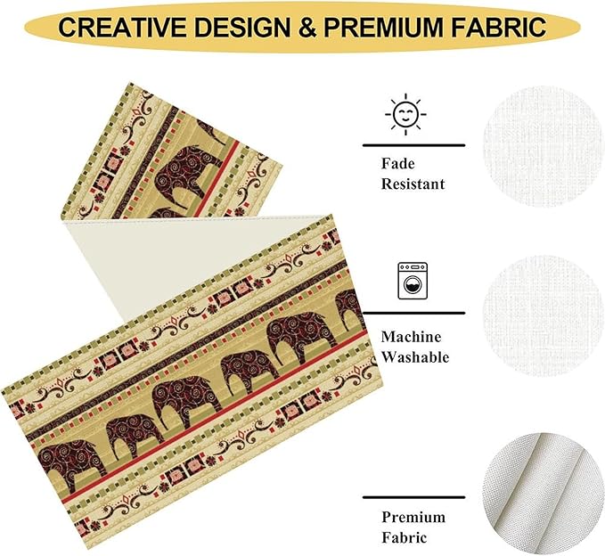 Boho Elephant Table Runner, Vintage Tribal Traditional Bohemian African Animals Ethnic Folk Table Center Decor for Home Kitchen Dining Patio Holiday Party Indoor Table Decorations, 13"x108" Inch