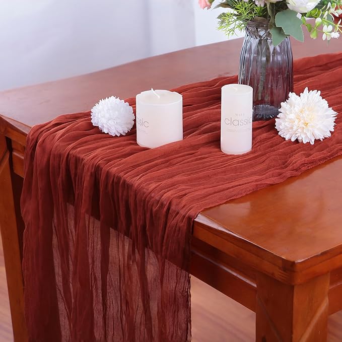 16PCS Terracotta Cheesecloth Table Runner 10FT Table Runner Cheesecloth 35x120Inch Boho Gauze Cheese Cloth Table Runner Long Rustic Sheer Table Runners for Wedding Party Baby Bridal Shower Table Decor