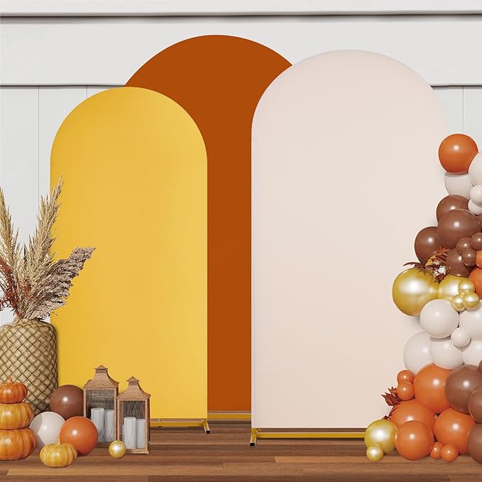 SoarDream Double-Sided Wedding Arch Backdrop Cover 6FT 6.6FT 7.2FT Set of 3 Spandex Fitted Arch Wall Stretchy Backdrop Covers Yellow Beige Pumpkin for Fall Decoration Birdal Shower Stand Decorations