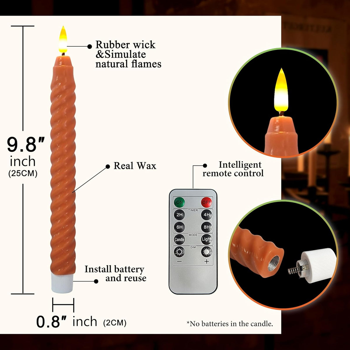 Pumpkin LED Flameless Spiral Taper Candles, 9.8", Real Wax, Fall Decor
