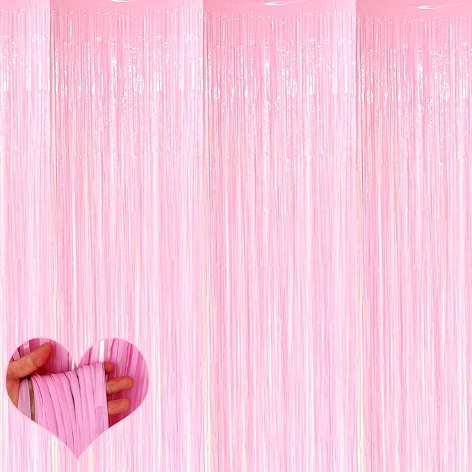4 Pack Fringe Curtain Backdrop, 3.2Ft x 6.6Ft Pink Metallic Tinsel Foil Fringe Streamers Background for Photo Booth Birthday Wedding Baby Shower Carnival Easter Mother’s Day Party Decorations