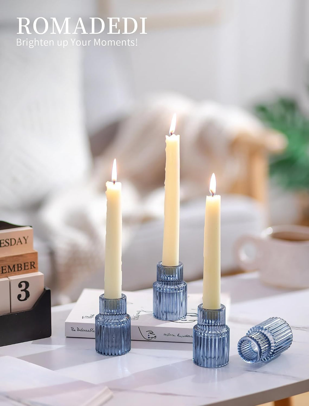 Romadedi Glass Candle Holders for Candlestick - 10 Pcs Blue Tapered Candle Sticks Holder Decor Bulk for Wedding Table Centerpiece Ribbed Taper Holder for Birthday Party Bridal Showers