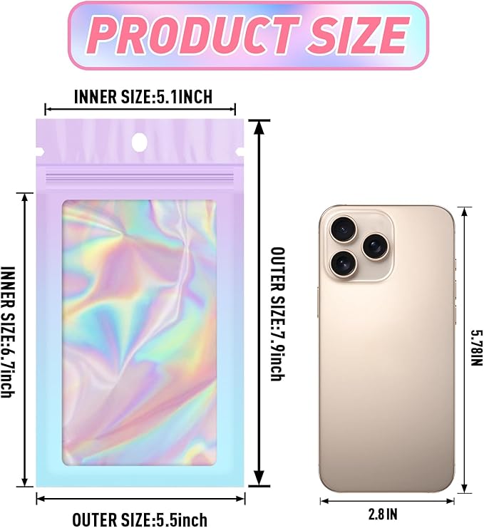 Funfery 100 Pack Gradient Holographic Bags,Mylar Resealable Bag with Zipper,Clear Window Packaging Pouch,Smell Proof Bags for Food Storage,Sample Jewelry Baggies(5.5x7.9In,Purple Blue)