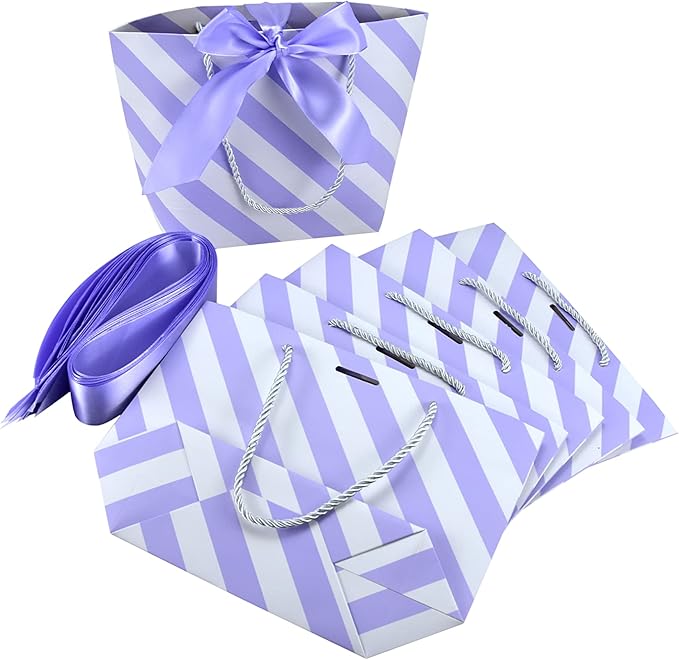HUAPRINT Gift Bags with Handles,7.48×3.54×7.9 inches,Party Favor Bags with Bow Ribbon,12Pcs White and Light Purple Stripe Paper Bags for Birthday Wedding Bridesmaid Present Celebration Holiday