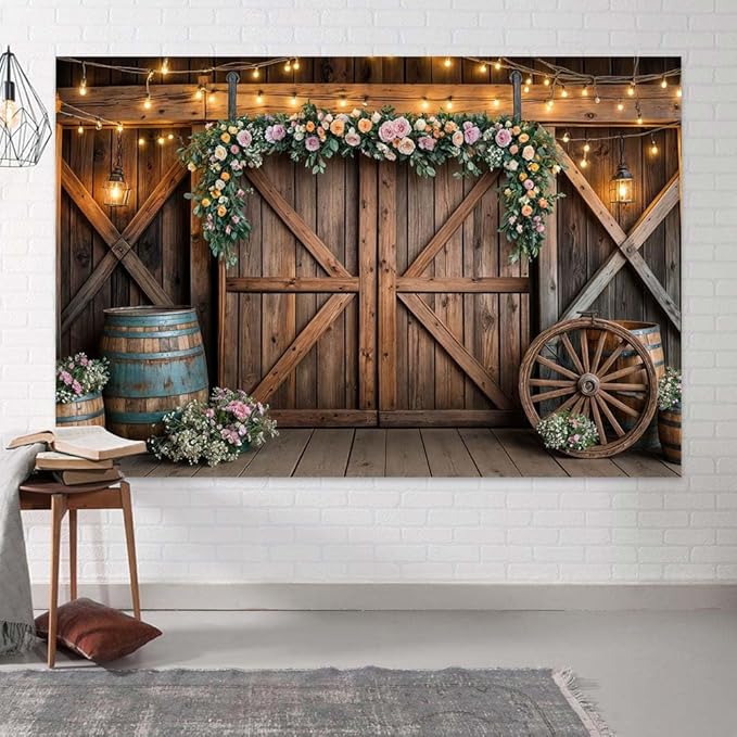 8x6ft Country Wedding Photography Backdrop Rustic Barn Door Photography Backdrop Farmhouse Pink Flower Cabin Wooden Birthday Baby Shower Wedding Bridal Party Banner Photo Booth Props Background