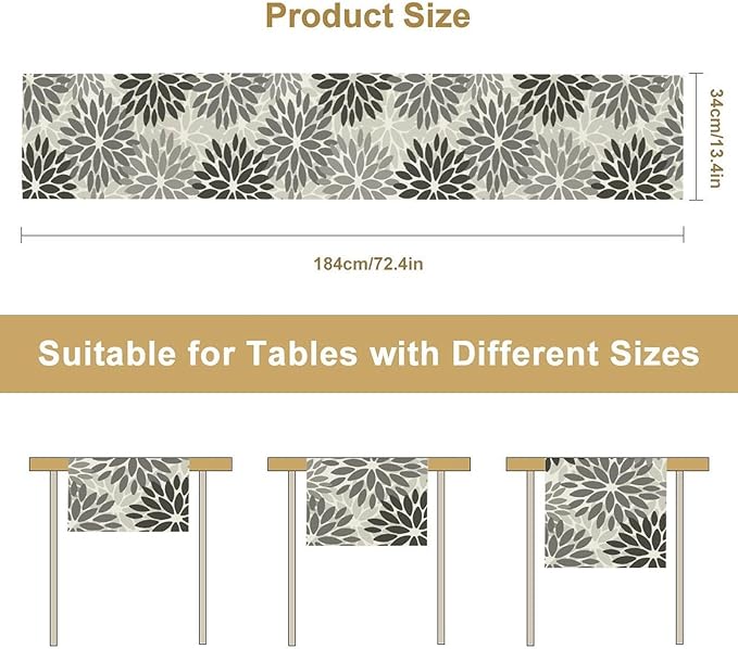 Gray Dahlia Flower Table Runner, Vintage Modern Linen Geometric Pattern Floral Table Runner Spring for Farmhouse Kitchen Dining Party Holiday Party, 13x36 Inch