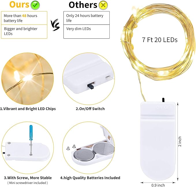 Minetom 12 Pack Fairy Lights Battery Operated -7ft 20 LED Silver Wire String Lights, Waterproof Mini Firefly Lights for DIY, Wedding, Mason Jars, Crafts, Christmas Garlands, Party Decor