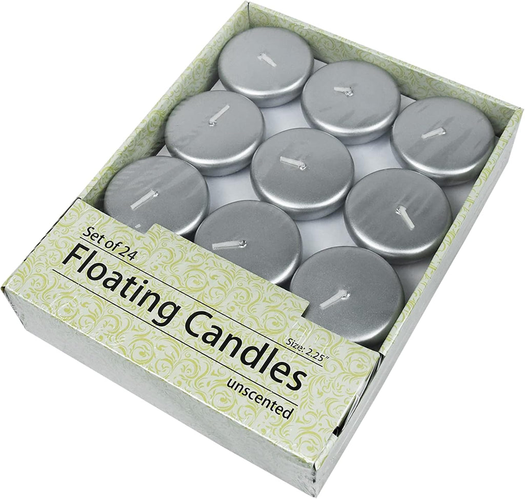 Zest Candle 24-Piece Floating Candles, 2.25-Inch, Metallic Silver