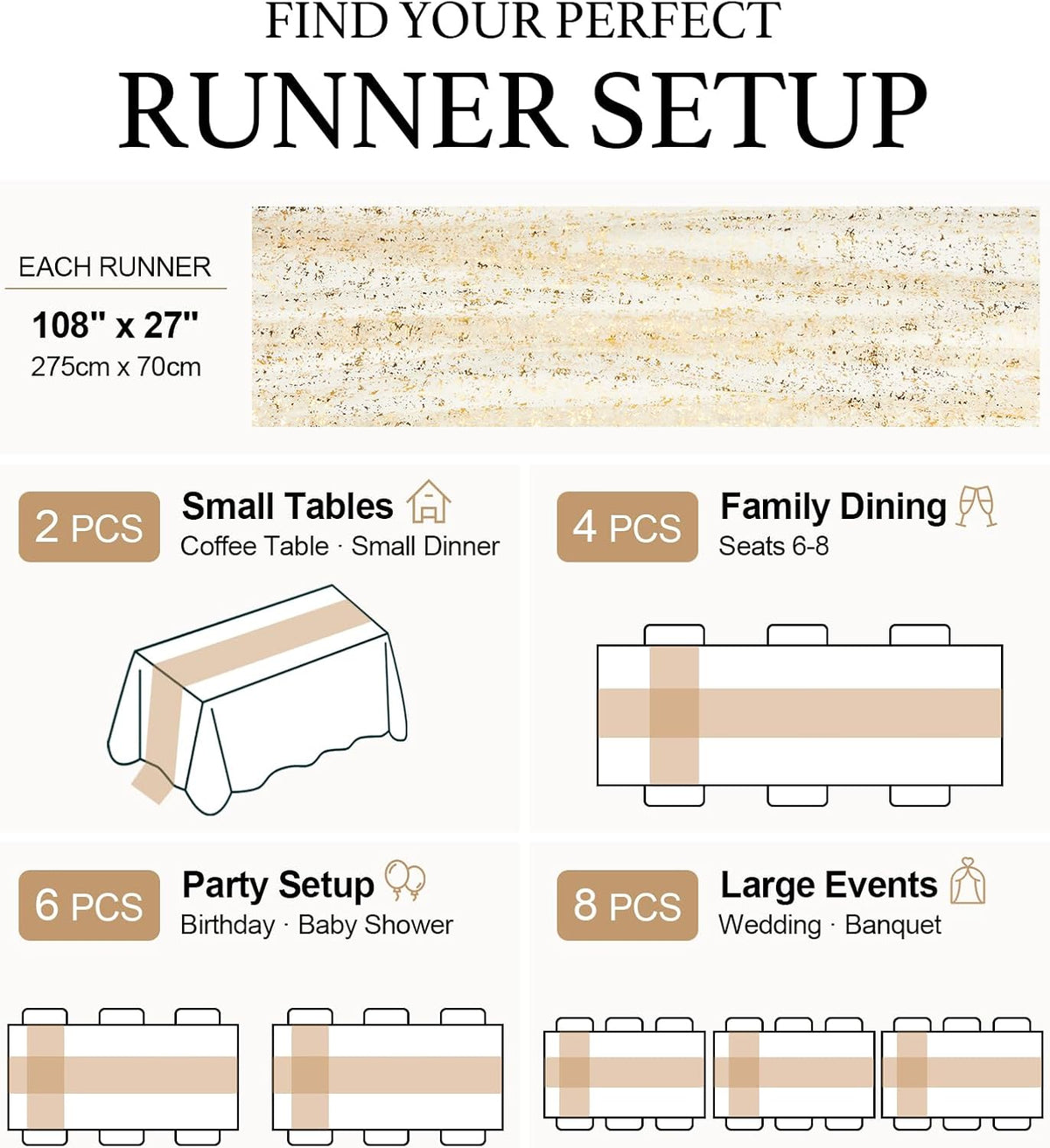 FEXIA 8Pcs Gold Table Runner 10FT Gauze Glitter Wedding Party Decorations