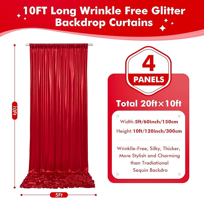 20x10ft Shimmer Red Sequin Backdrop Curtain for Parties, Thick Wrinkle Free Glitter Backdrop Drapes Photo Back Drop Curtains for Birthday Wedding Christmas Photography Background-4 Panels 5x10ft