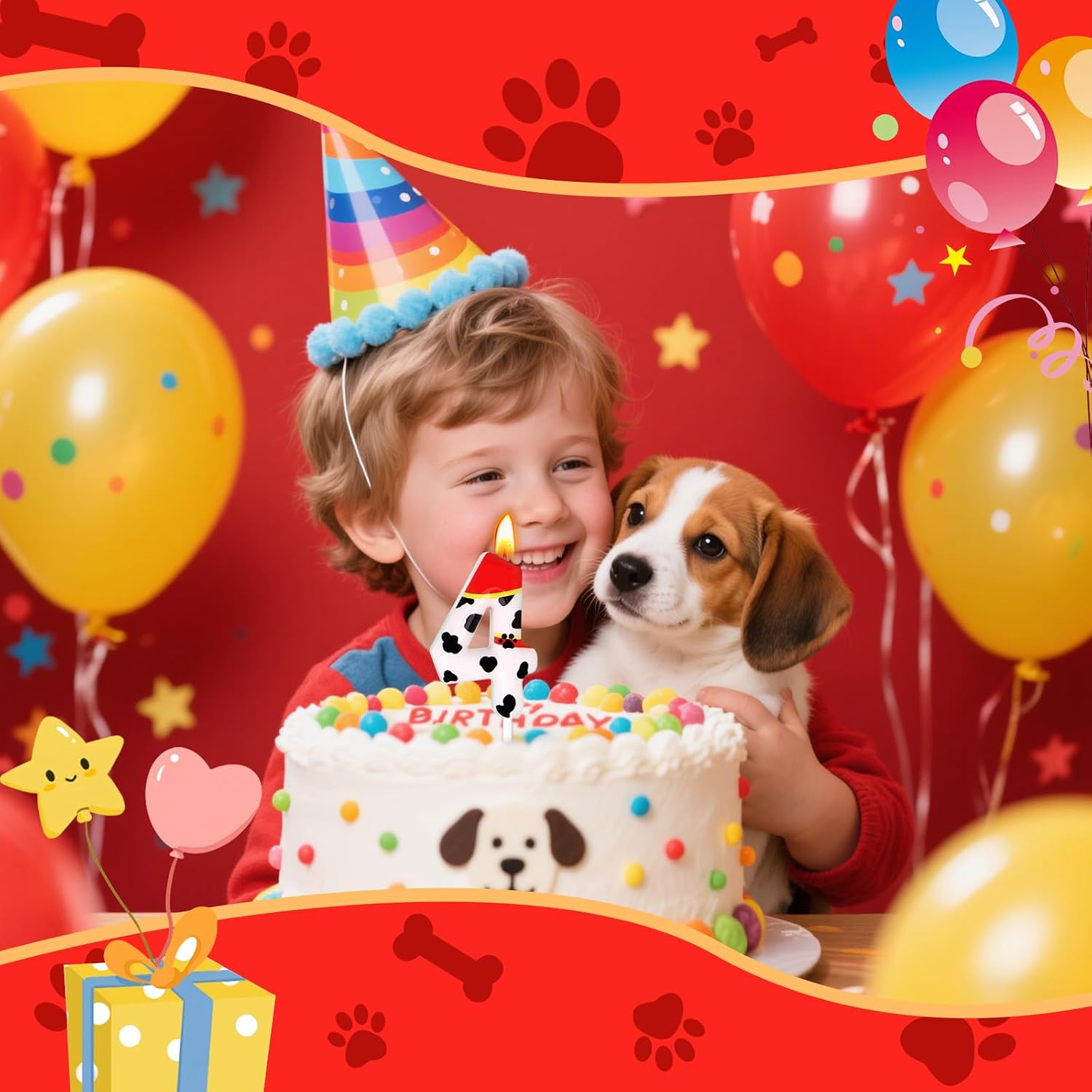 Dog Paw Birthday Candles, Number Candles for Birthday Party Cake Decoration Supplies (Red, Number 4)