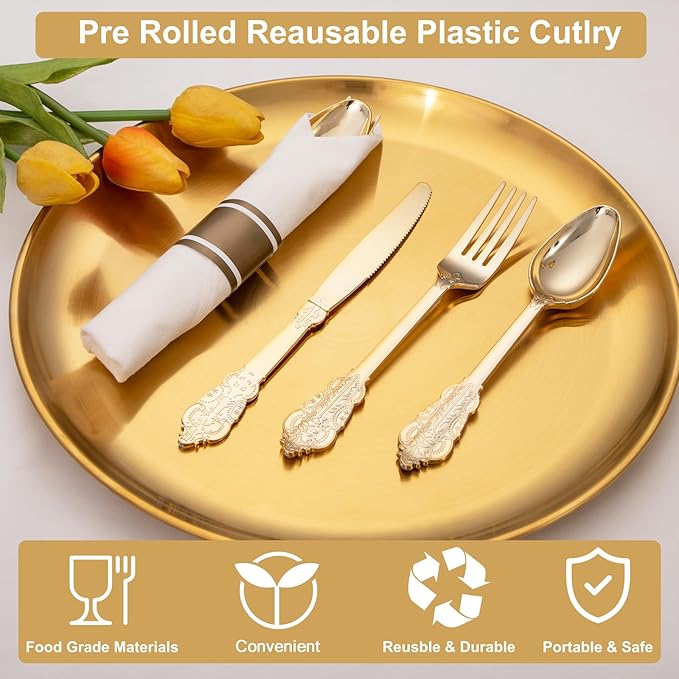400PCS Pre Rolled Gold Plastic Silverware Sets - Heavy Duty Fancy Gold Cutlery - Include 100 Pack Wrapped Disposable Utensils with Napkins for Parties, Dinners & Weddings