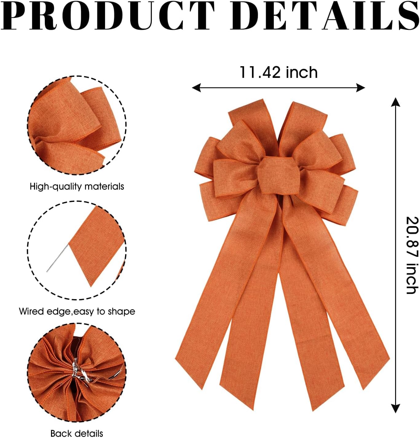 Orange Large Bow for Wreath Tree Topper 11x21 Inch Linen Texture Wired Ribbon Big Bows for Front Door Fall Halloween Decor Gift