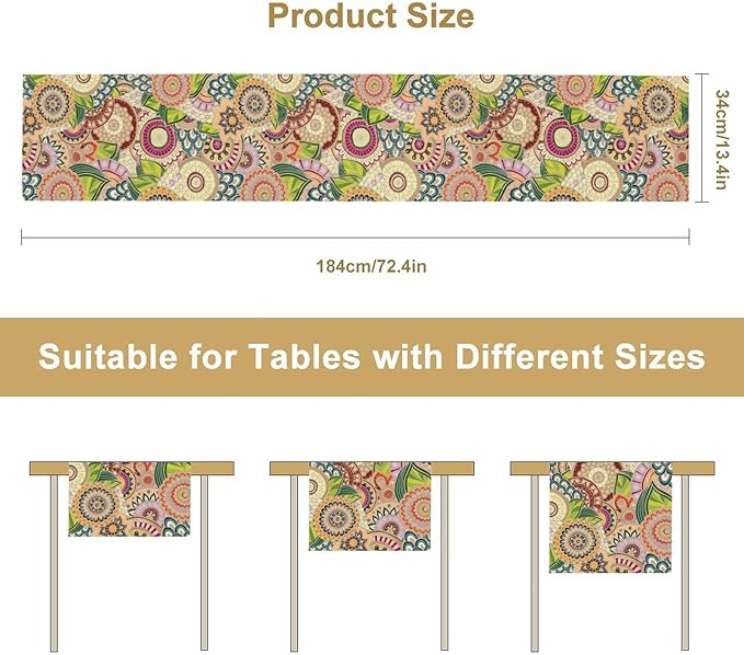 Boho Floral Table Runner,Retro Bohemian Flower Table Runner for Kitchen Dining Table Home Party Decoration 13x108 Inch