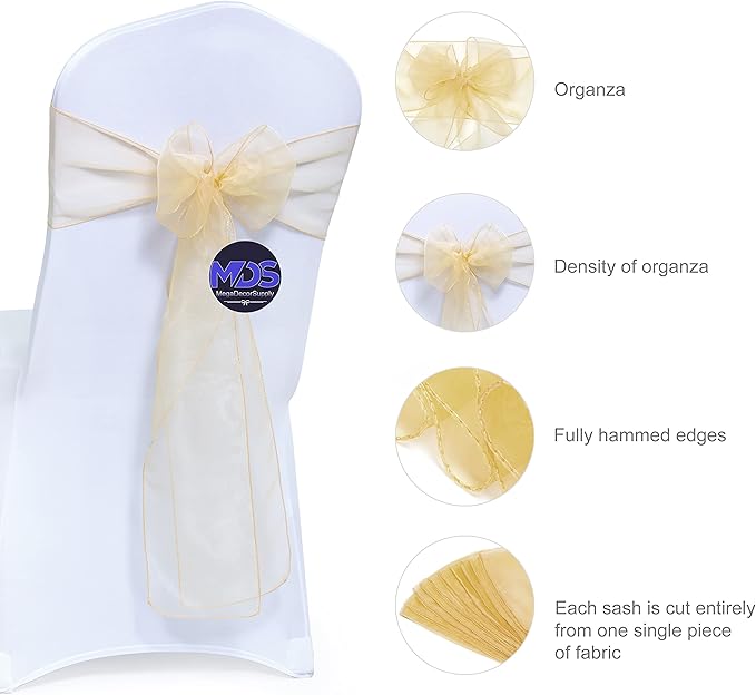 MDS Pack of 125 PCS Organza Chair Sashes Wider Dining Chair Bows Ribbon Tie Back for Wedding Party Birthday Bridal Shower Reception Event Banquet Home Chair Cover Decoration - Beige