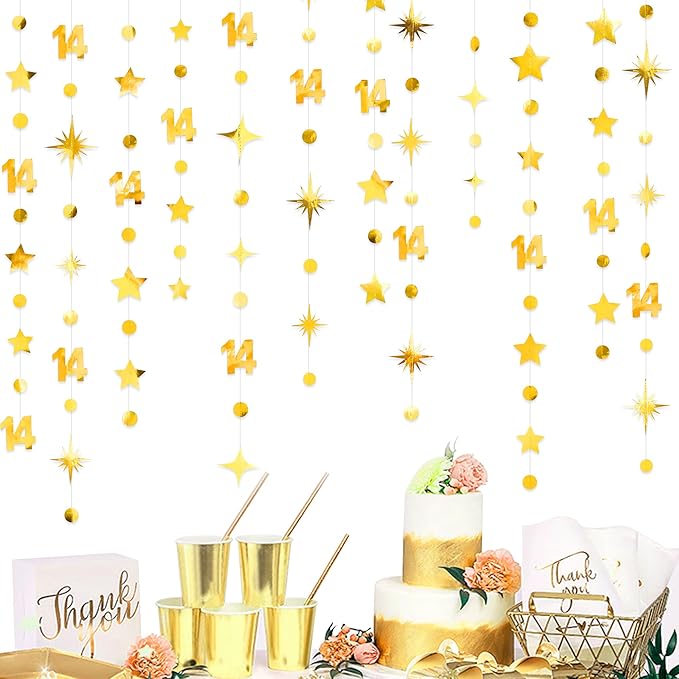 Gold 14th Birthday Decorations Number 14 Circle Dot Star Garland Metallic Hanging Streamer Banner Backdrop for Girls Boys Happy 14 Years Old Fabulous Birthday Fourteen Anniversary Party Supplies