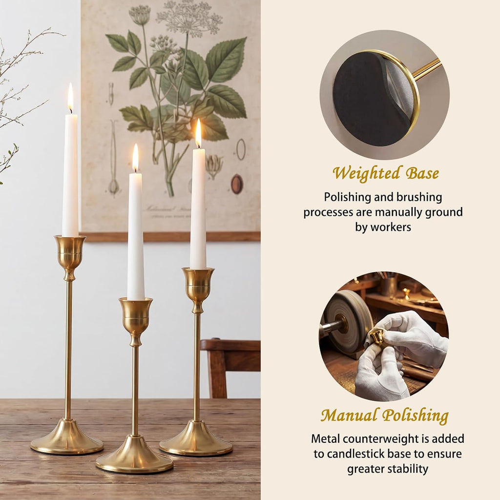 Gold Candlestick Holders Set of 6, Weighted, Metal Taper Candle Stick Holders, Vintage Christmas Brass Home Decor for Table, Mantel, Room Decorations Housewarming Gift Gold-6