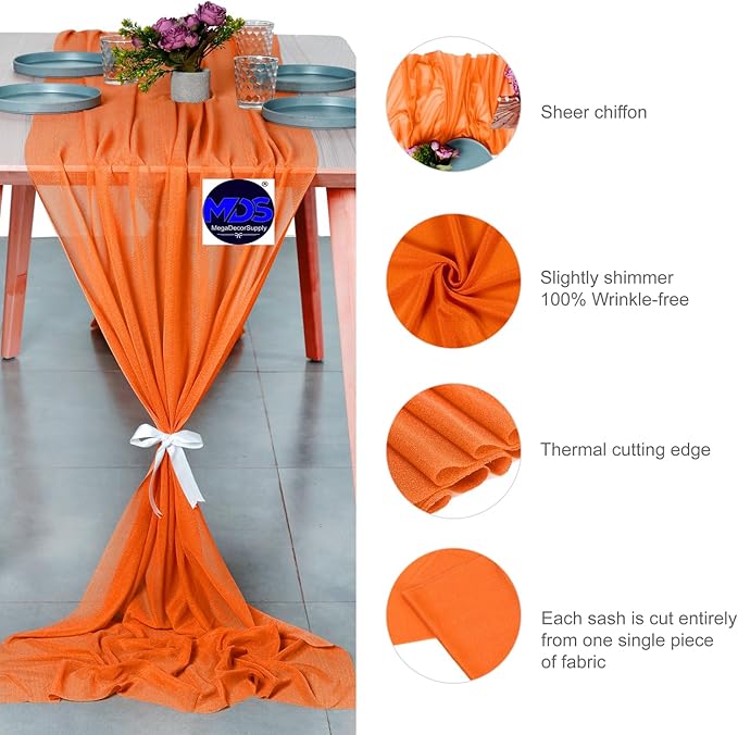 MDS 15 Pack 10ft Chiffon Table Runner 29 x 120 Inches Sheer Wedding Runner Romantic Rustic Table Runner for Wedding Decorations, Birthday Parties, Bridal Shower Party Arch Decor - Orange