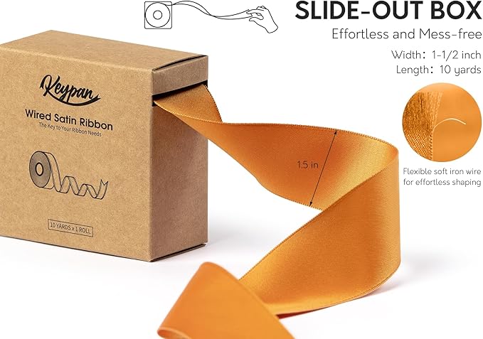 Orange Satin Ribbon Double-Faced Wired Ribbons for Gift Wrapping Flower Bouquet Bows Wedding Invitation Christmas Decor Crafts 1-1/2 Inch 10 Yards