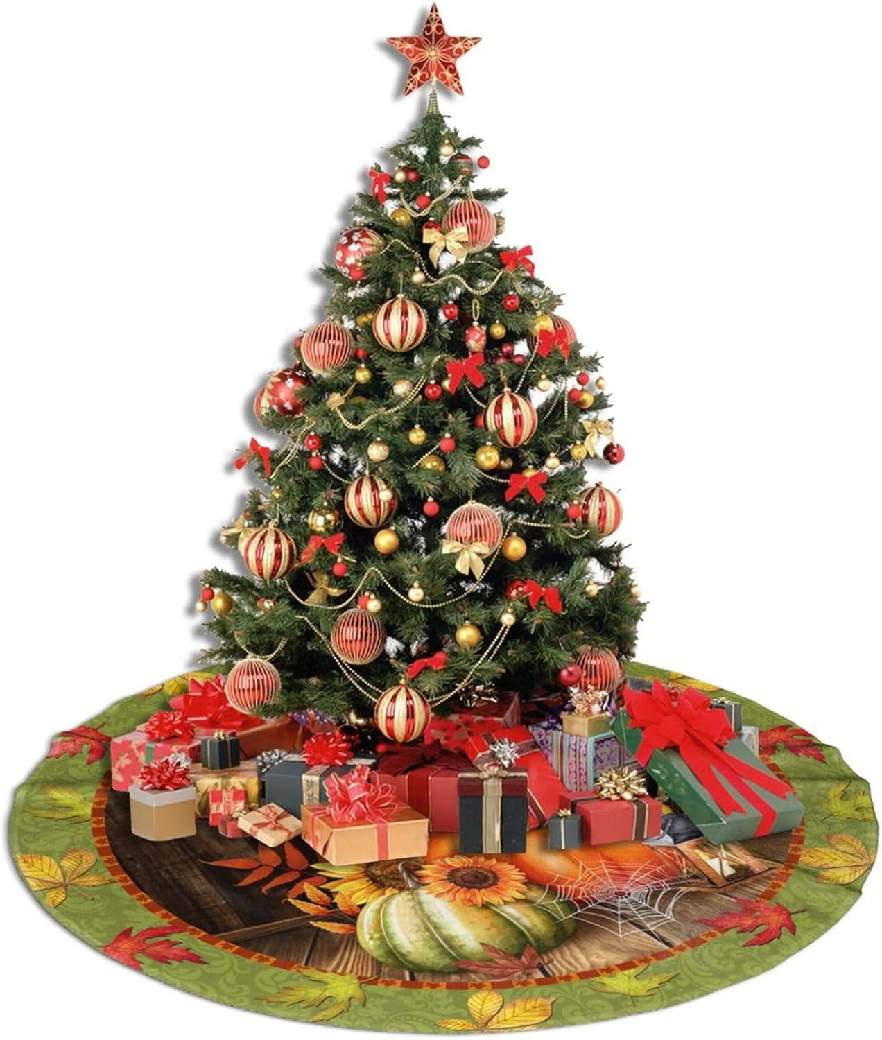 Fall Maple Leaf Christmas Tree Skirt Xmas Tree Mat Halloween Christmas Tree Ornaments Decorations Holiday Party Indoor Outdoor 30"