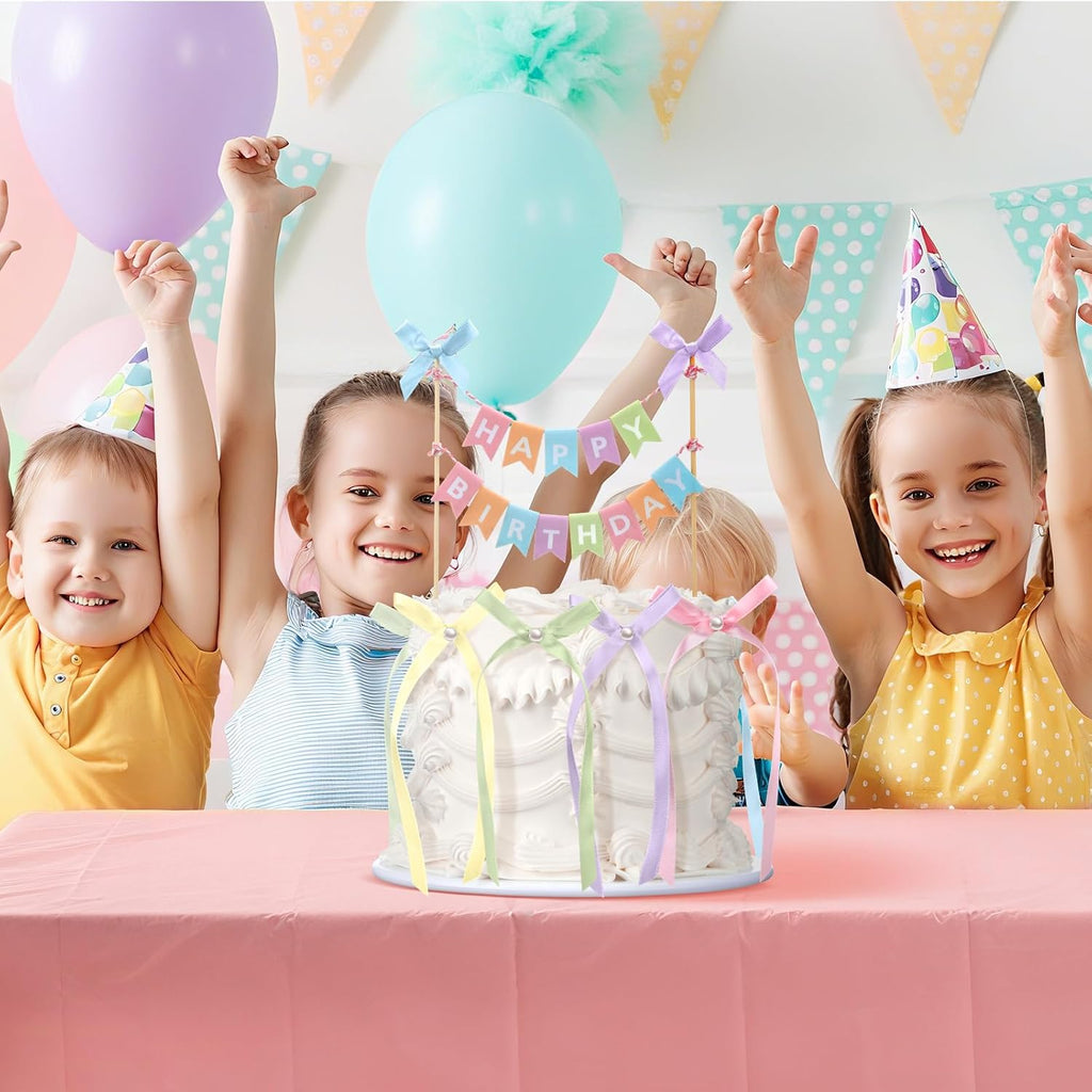 Honeydak 11 Pcs Pastel Bow Ribbon Cake Topper Happy Birthday Cake Bunting Topper with Wood Pole Handmade Pennant Flags with Bows Ribbon for Birthday, Bridal Party Decoration