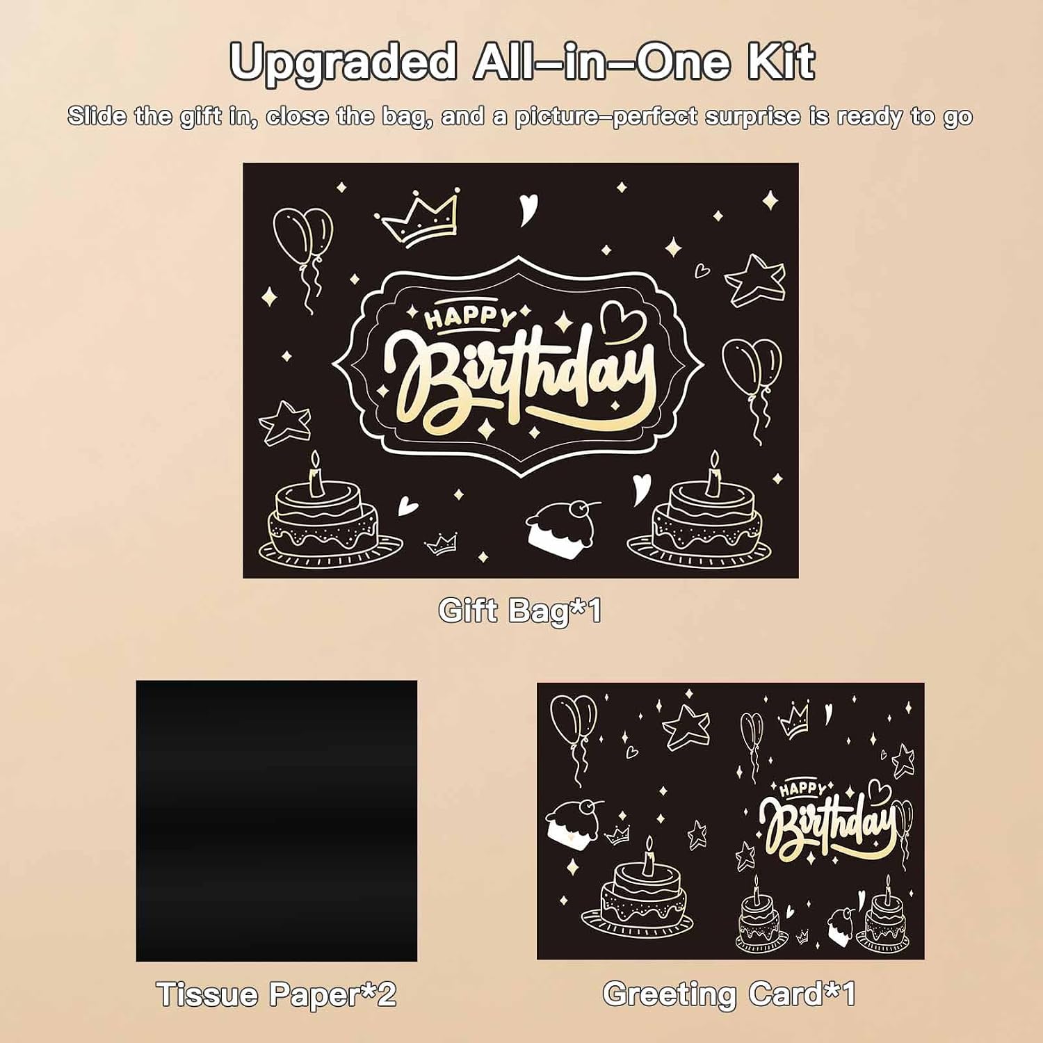 DUGUTUL Upgraded 13" Black Happy Birthday Gift Bag with Tissue Paper and Greeting Card for Party, Gold-Foil “Happy Birthday” Gift Bag for Men Women Boy Girl, Inner-Bond Handles – No Punch Holes, No Rip-Outs
