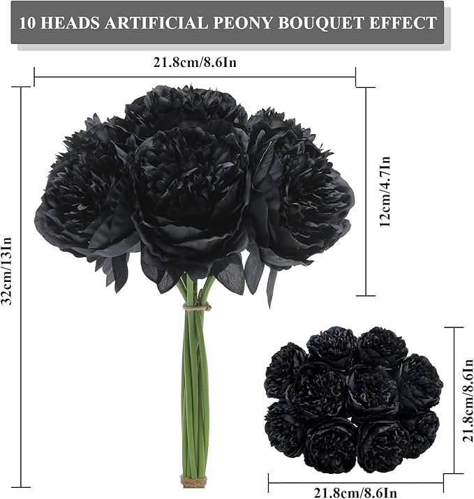 U'Artlines 10 Heads Artificial Peony Silk Flower Leaf Home Office Wedding Party Festival Bar Decor (Black)