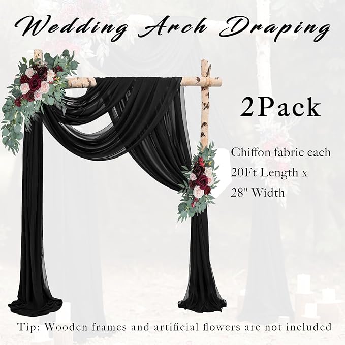 20Ft Length x 28" Width 2 Panels Wedding Arch Draping Fabric Black Arch Drapes Chiffon Fabric Sheer Curtains Backdrop for Party Decor Wedding Bridal Ceremony Ceiling Stage Reception Decorations