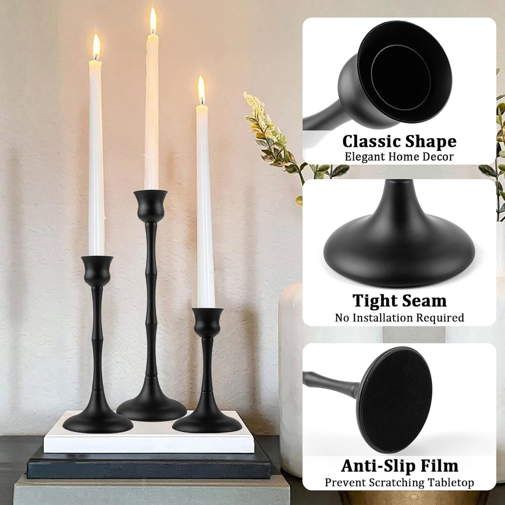 vintage metal candlestick holders, set of 6 black on a desk or shelf